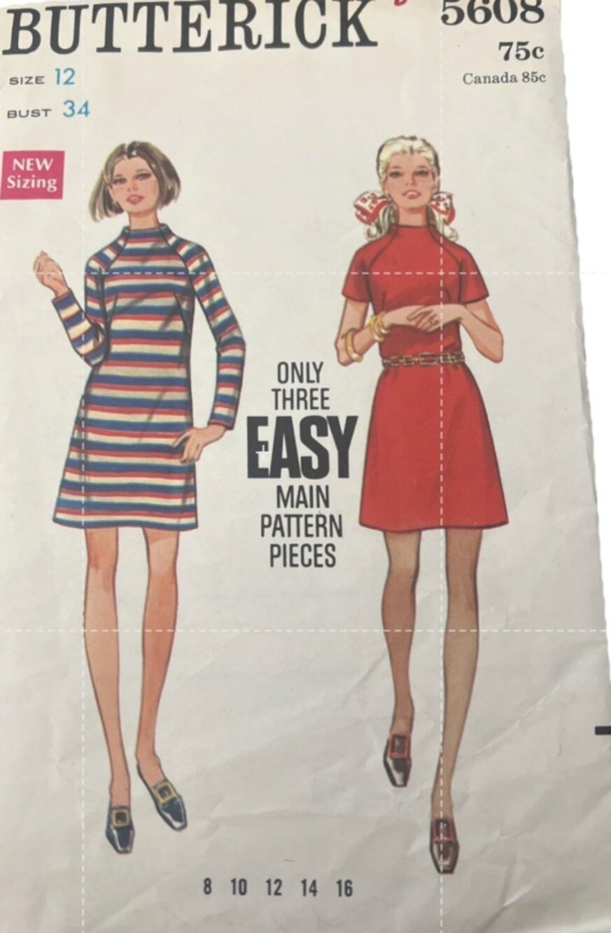 Butterick 5608 A Line Dress with Collar Raglan Sleeve Misses Size 12 Pattern